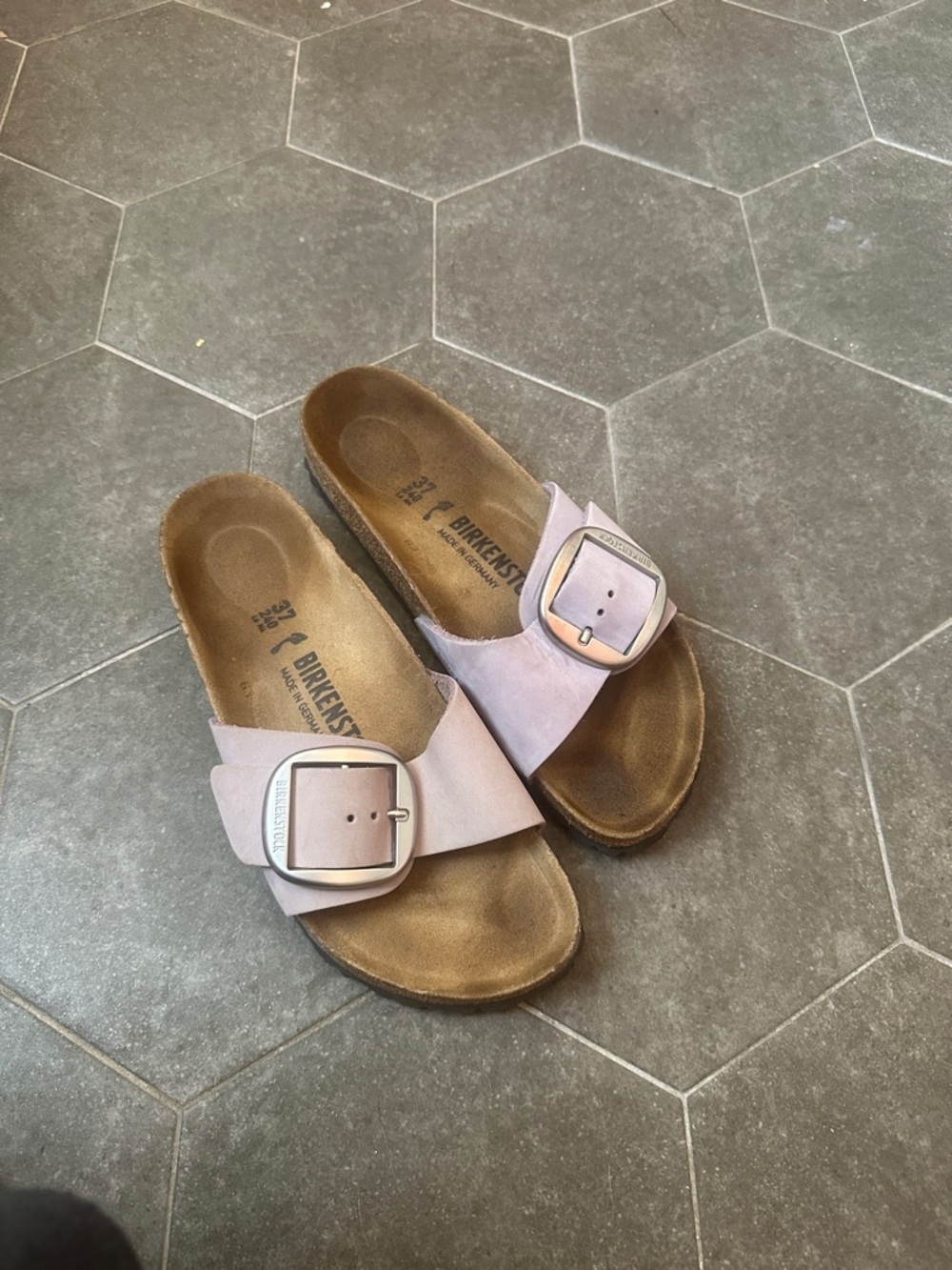Birkenstock Single Buckle Slide Sandals in Pale Pink Suede